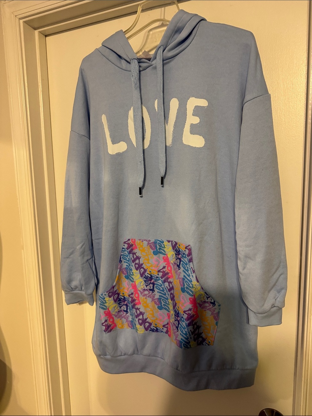 No Boundaries Light Blue "LOVE" Hooded Sweatshirt with Colorful Pocket